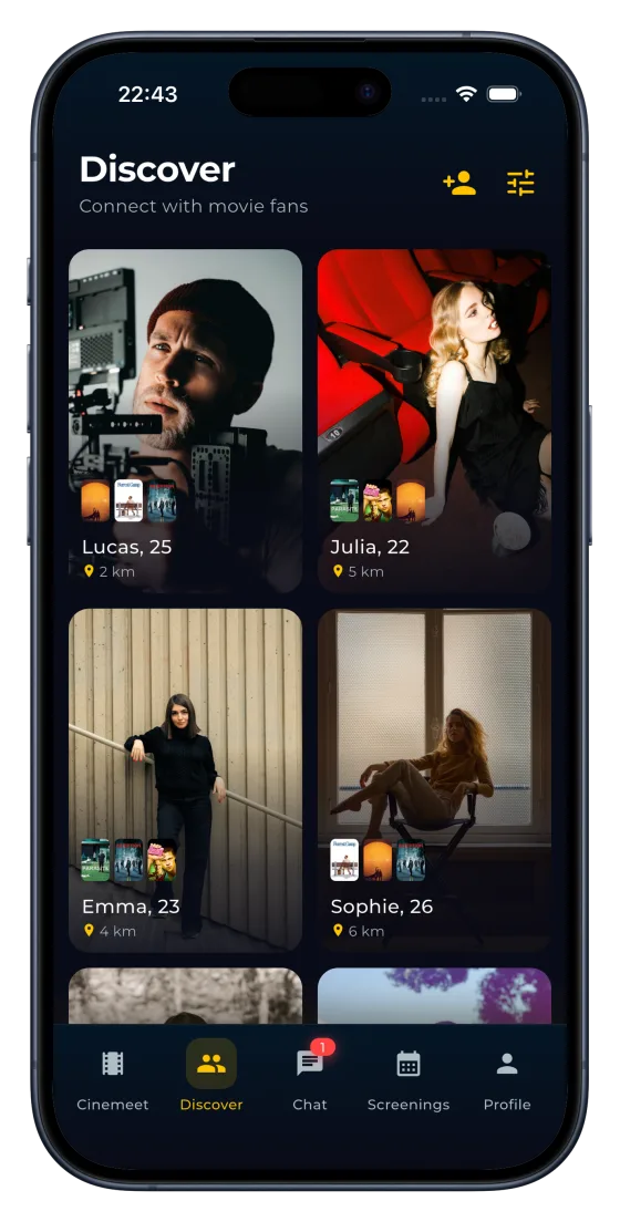 The Cinemeet Discover tab, showing nearby film fans and their favourite films