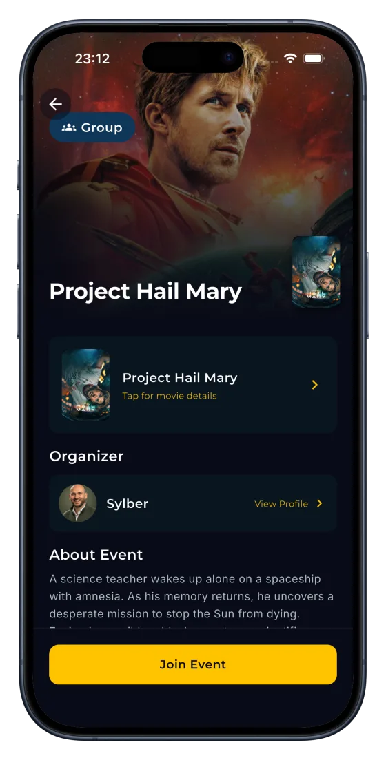 A Cinemeet group screening event with its organiser and a join button