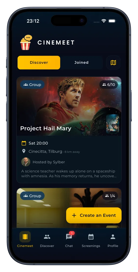 Cinemeet app, home screen