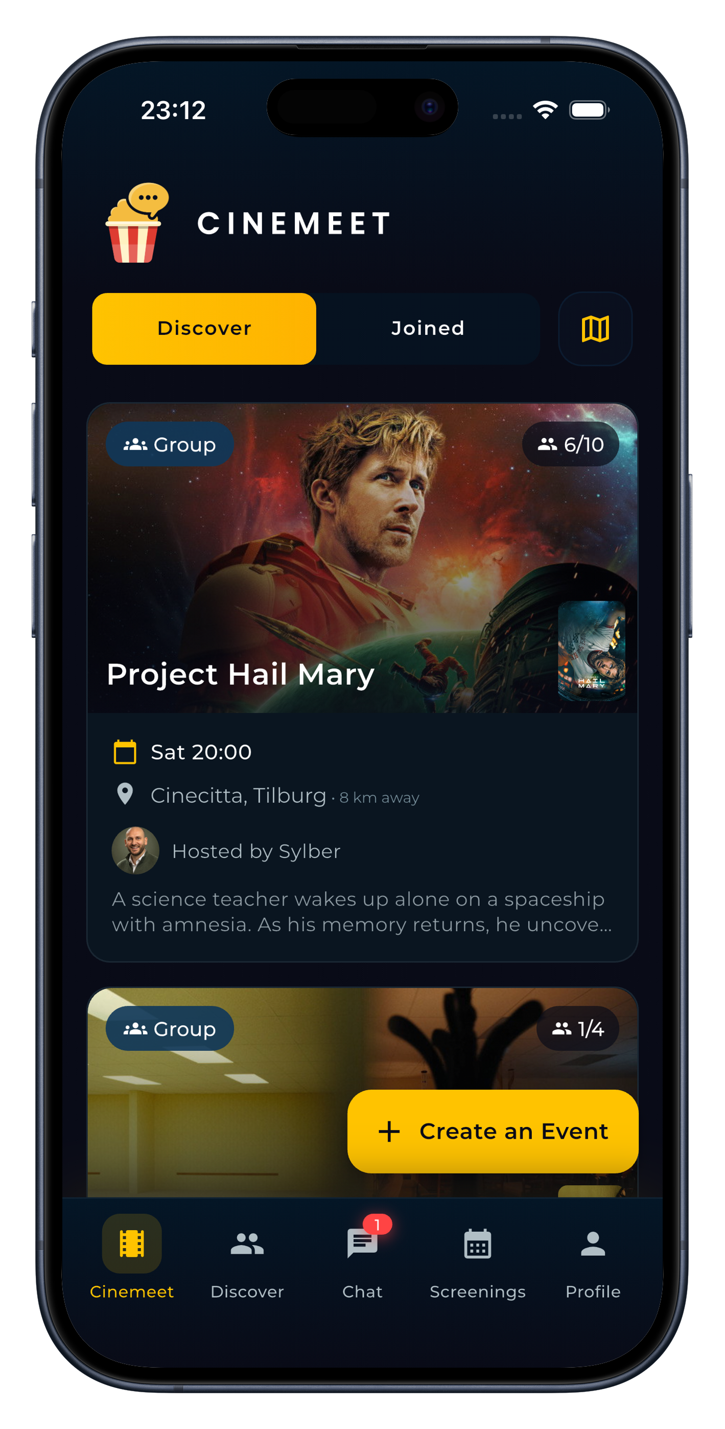 Cinemeet app, home screen