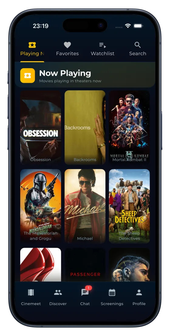 The Cinemeet Now Playing tab, showing films currently in cinemas